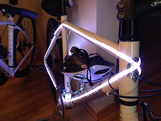 LED strip lights on the bike, illuminated