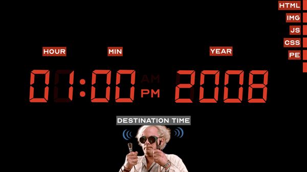 The time circuits read 01:00 PM 2008 with PE added to the list