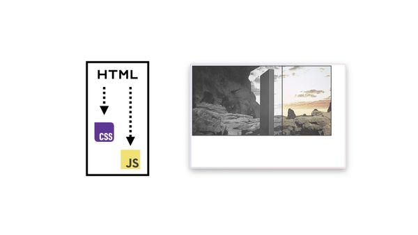 A diagram—an HTML box with dotted arrows down to CSS and JS, beside the working comparison demo