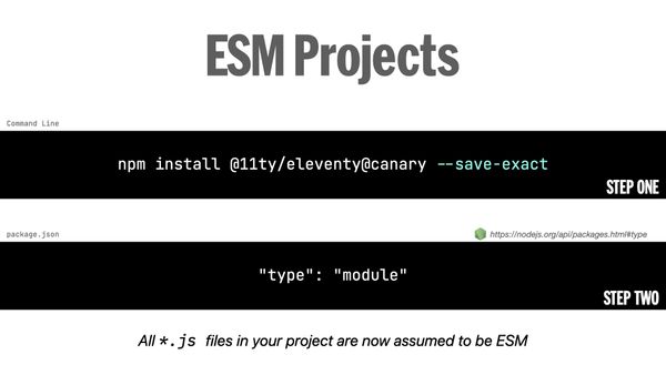 Step one npm install @11ty/eleventy@canary --save-exact, Step two add type: 'module' to your package.json. All .js files in your project are now assumed to be ESM.