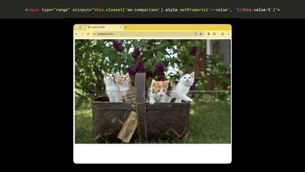 A range input whose oninput sets a CSS custom property, above the working slider demo
