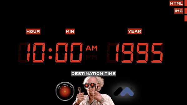 The time circuits read 10:00 PM 1995 with IMG added. HAL 9000 and the Macromedia logo flank Doc Brown
