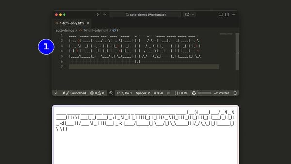 VS Code shows 1-html-only.html containing ASCII art, with the browser rendering below