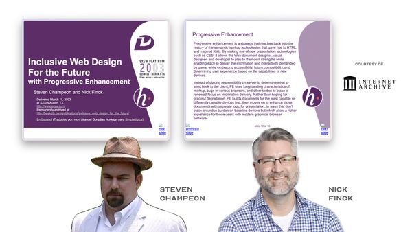 The 2003 SXSW deck “Inclusive Web Design For the Future with Progressive Enhancement” by Steven Champeon and Nick Finck, courtesy of the Internet Archive