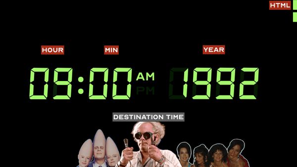 The time circuits read 09:00 PM 1992 with HTML added to the list. The Coneheads and the In Living Color Fly Girls join Doc Brown