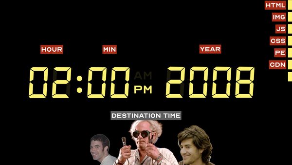 The time circuits read 02:00 PM 2008 with CDN added. Matt Mullenweg and Aaron Swartz join Doc Brown