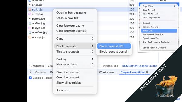 Chrome DevTools with request blocking turned on
