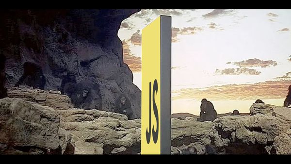 The monolith from 2001: A Space Odyssey, half covered by a yellow JS panel