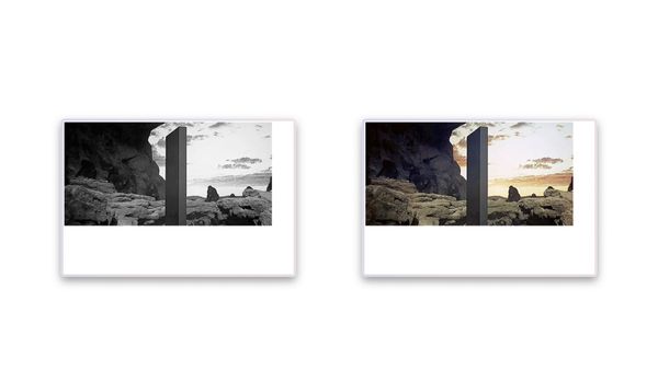 Two browser windows side by side, one showing the monolith in grayscale and the other in color