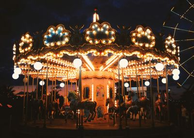 People standing near lighted carousel during night time