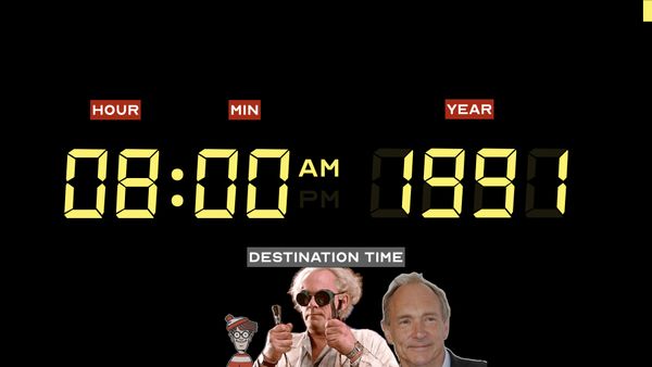 The Back to the Future time circuits read 08:00 PM 1990. Doc Brown, Waldo, and Tim Berners-Lee stand below