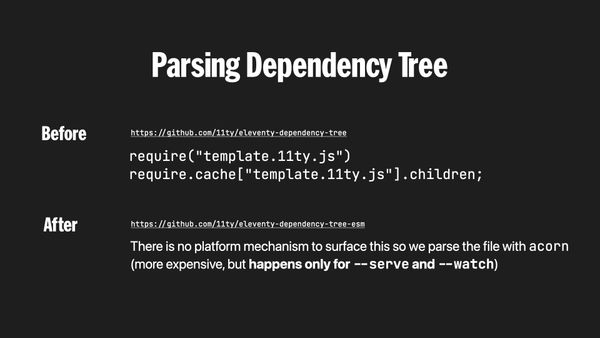Parsing the dependency tree. Before this was available via require.cache. Now we parse the JS with acorn (but it only happens for --serve/--watch)