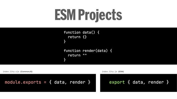 export { data, render } in an index.11ty.js template.