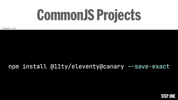 Step one—npm install @11ty/eleventy@canary --save-exact