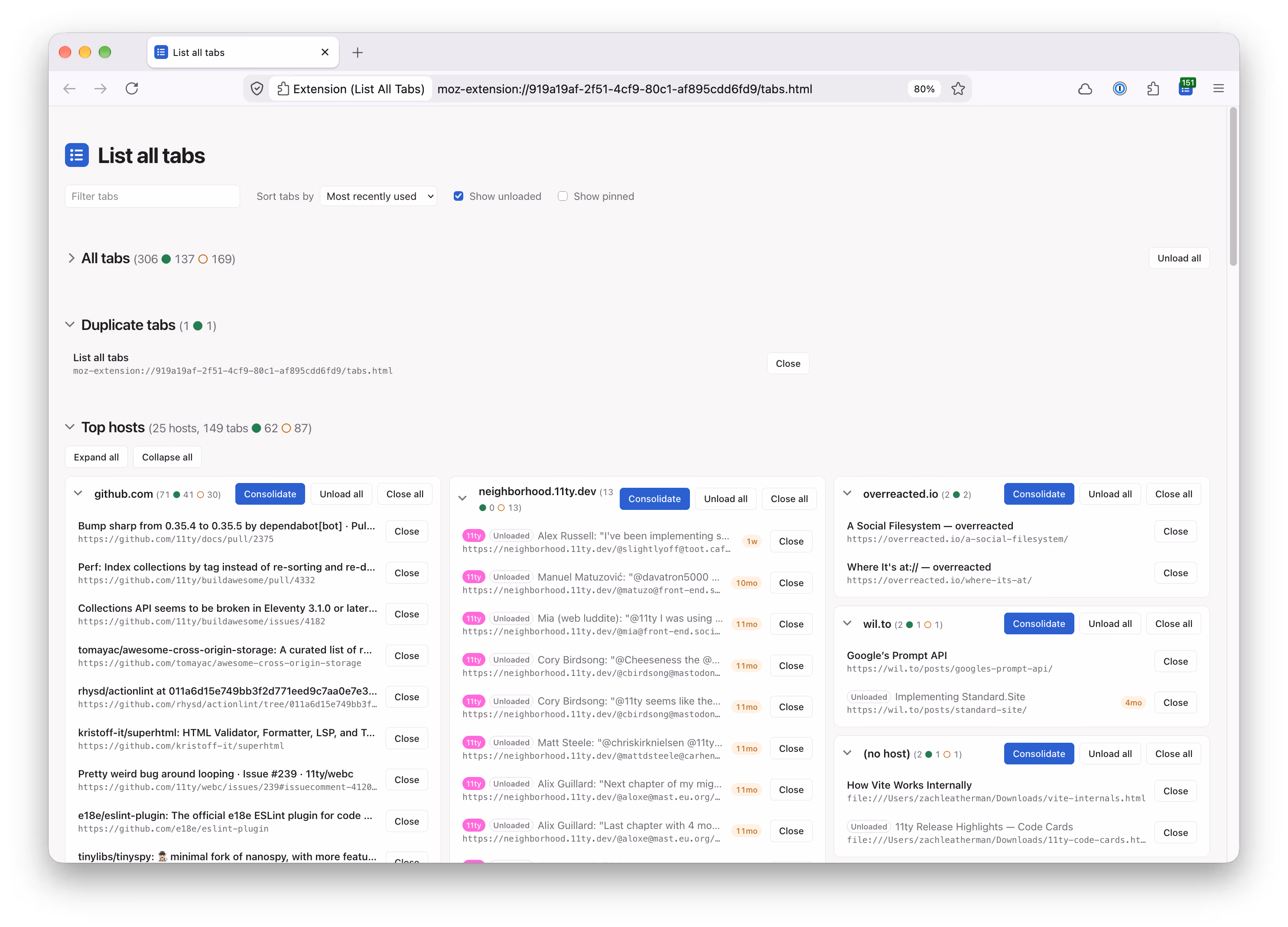 Screenshot of List All Tabs (light mode) showing 306 open tabs (137 active and 169 unloaded)