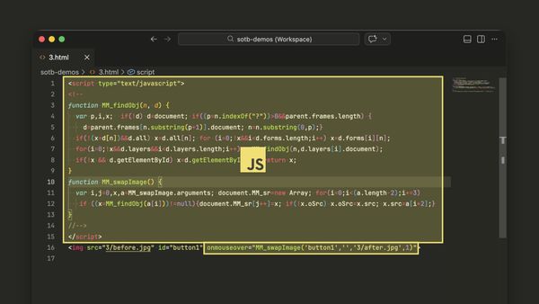 VS Code shows 3.html with Dreamweaver’s MM_swapImage script and an img with an onmouseover handler