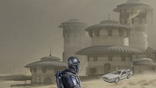 A Mandalorian stands in a Tatooine street as the Back to the Future DeLorean drives past