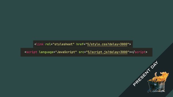 Markup with delay parameters added to the stylesheet and script URLs