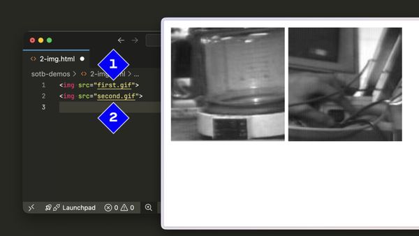 VS Code shows 2-img.html with two img tags; the browser renders two frames of the Trojan Room coffee machine