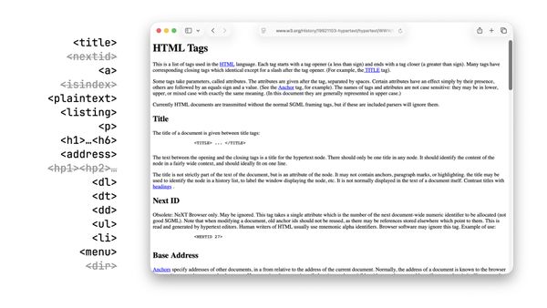 The 1992 W3C “HTML Tags” page beside the original tag list, with nextid, isindex, hp1, hp2, and dir crossed out