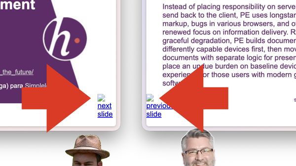 A close-up of the deck’s broken “next slide” and “previous slide” image links, with large red arrows