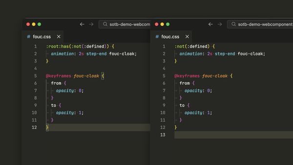 Two versions of fouc.css, cloaking undefined elements with an animation