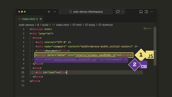 The built index.html with one script and one stylesheet
