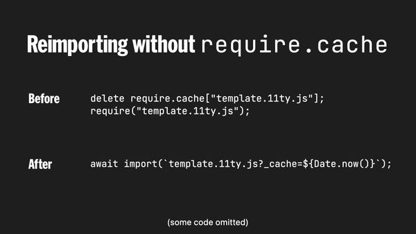 Before we would delete from require.cache and re-require the file. Now we await import with a cache buster URL parameter.
