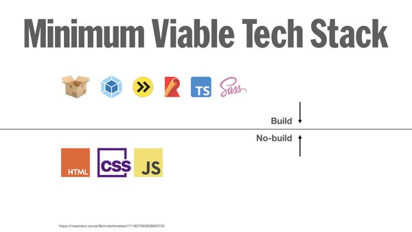 Minimum viable tech stack means we stay as close to the Build/no-build line as possible, avoiding as many dependencies as we can to stick as close to HTML/CSS/JS as we can.