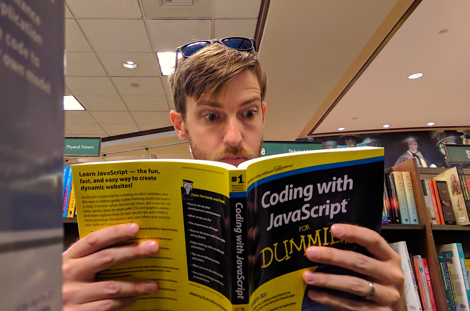 Reading in the book store, Coding with JavaScript for Dummies.