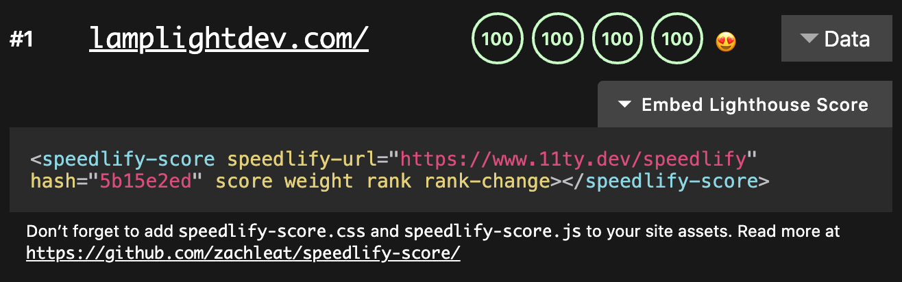 Example of how to copy speedlify-score markup on the Eleventy Leaderboards