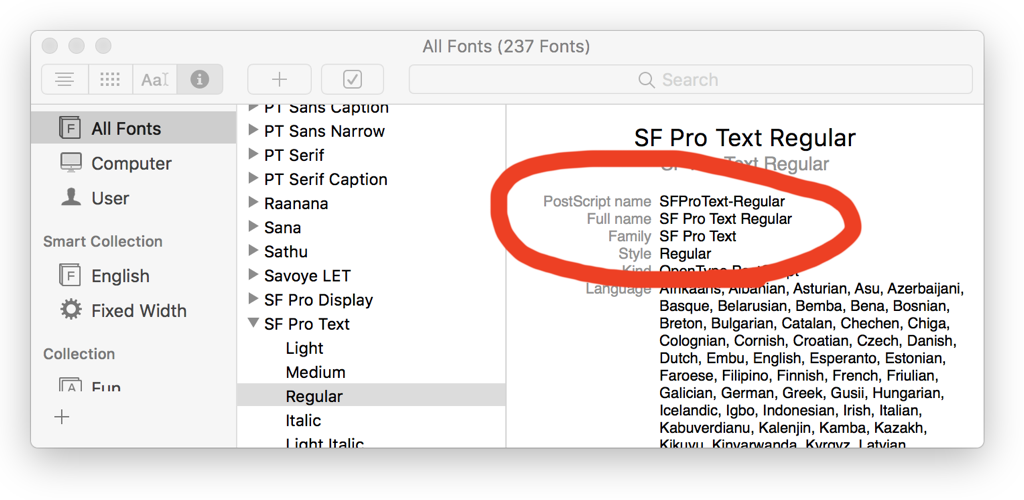 How to find the Full Font and PostScript font names in Font Book