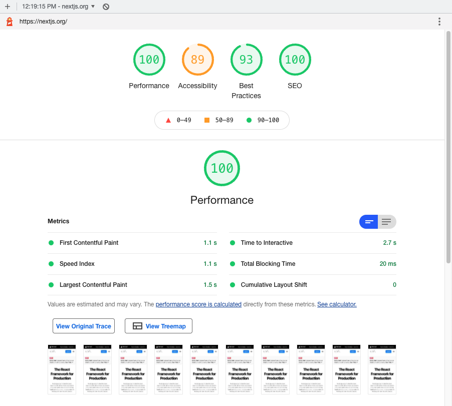 nextjs.org Lighthouse Score for Mobile: 100 on Performance, 89 on Accessibility, 93 on Best Practices, 100 on SEO