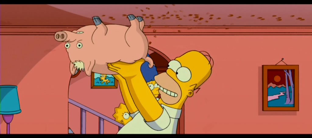 Homer Simpson holding up a pig upside-down pretending that it’s walking on the ceiling