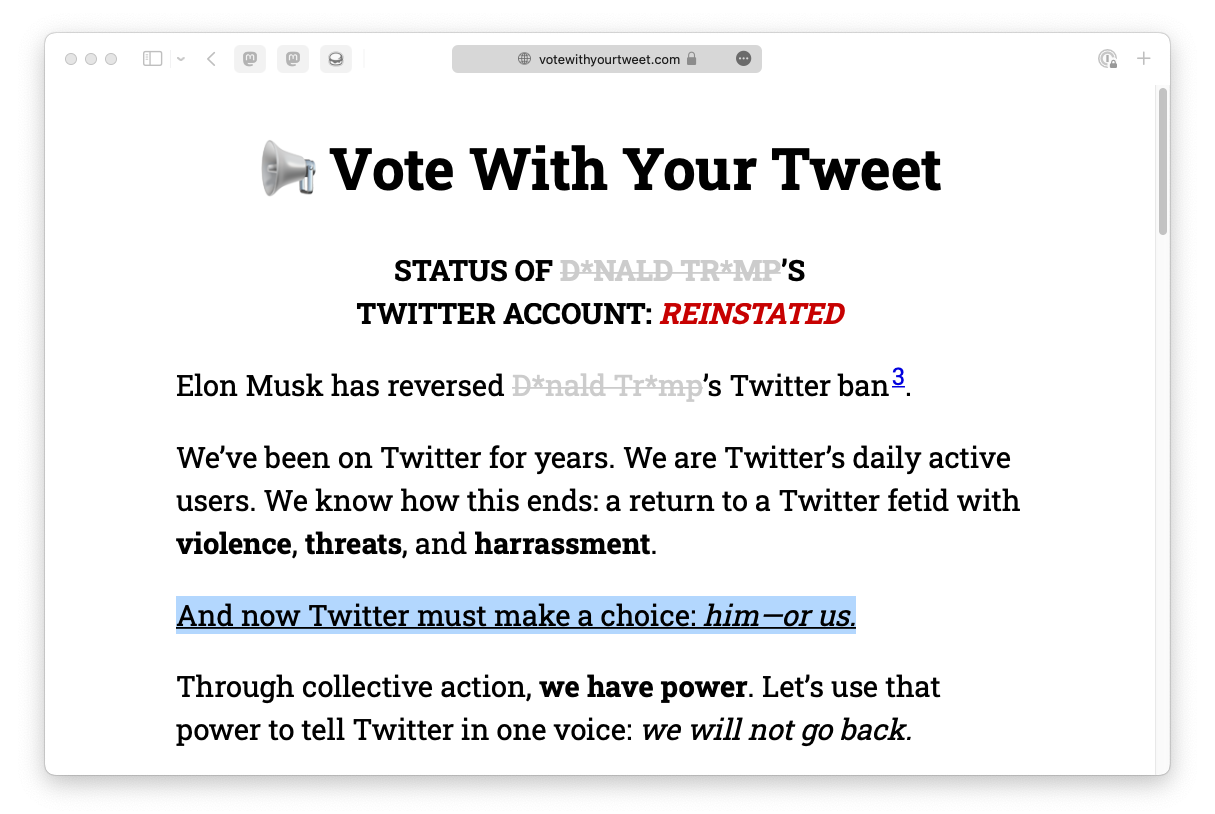 A screenshot of votewithyourtweet.com